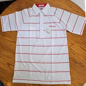 AM Play Polo Golf Shirt Mens Small White Red Stripes Sharp Logo Ltwt NWT